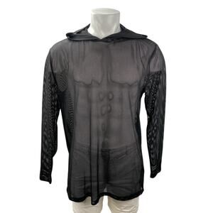 Asos Men's Black Mesh Fishnet Sheer Long Sleeve Hoodie Longline T Shirt Top Sz L
